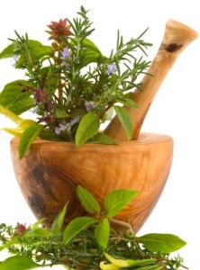 Healing herbs and edible flowers (handcarved olive tree mortar and pestle)
